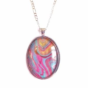 Pink blue and gold acrylic paint pour skins oval pendant on silver necklace new